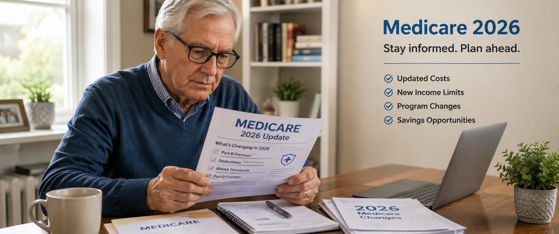 senior reviewing Medicare documents, 2026 update concept