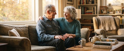 senior couple smiling at home, warm light, trustworthy edi