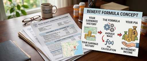 SSA statement on desk, benefit formula concept