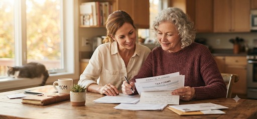 warm kitchen table scene, parent reviewing paperwork with 