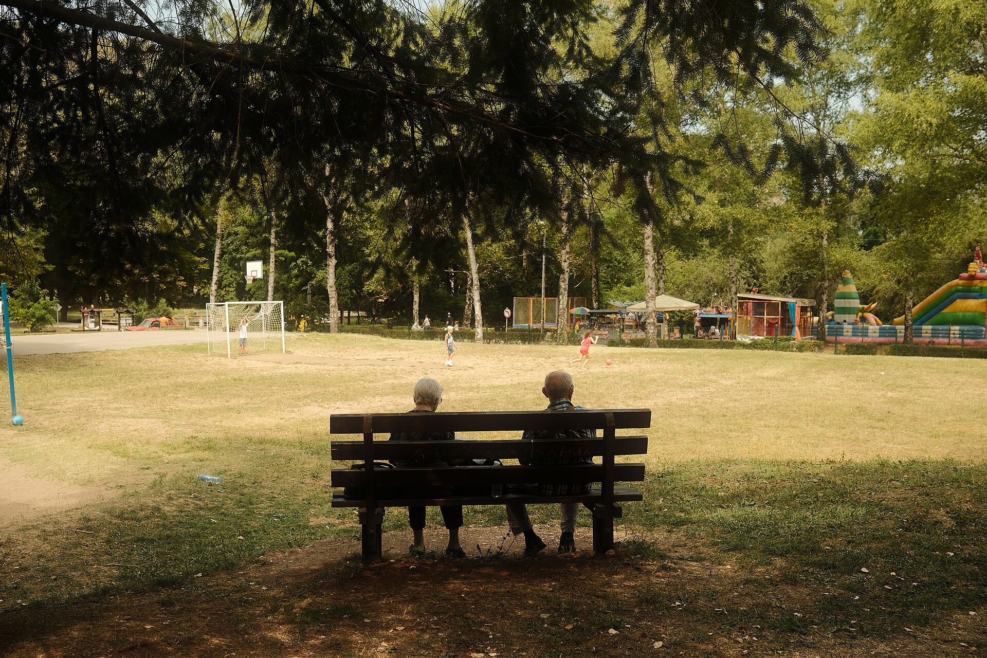 An elderly couple sitting together on a park bench
