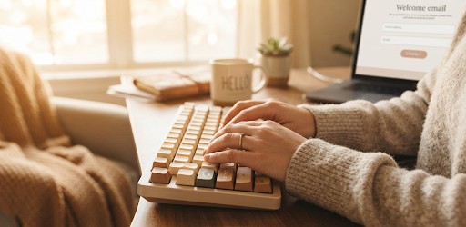 warm, welcoming contact concept, hands at keyboard, soft e