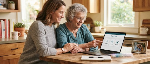 adult child and elderly parent looking at a laptop togethe