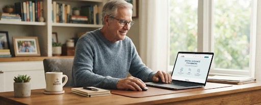 senior using a laptop with a cup of coffee, calm home sett