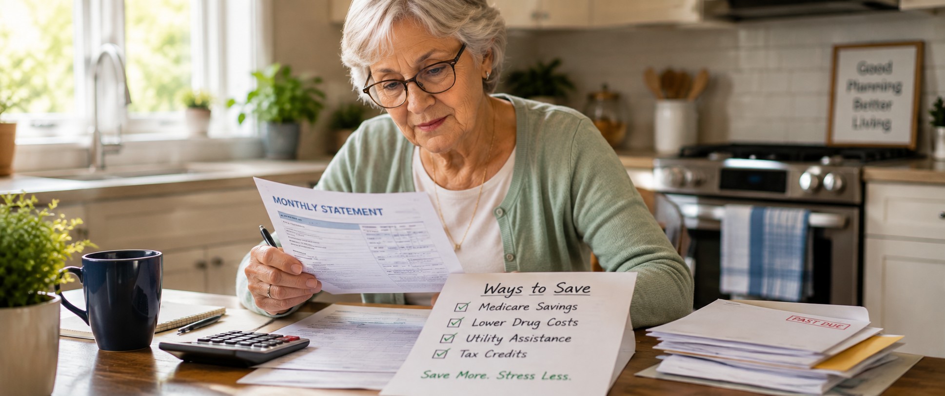 senior reviewing bills at kitchen table, cost-savings conc