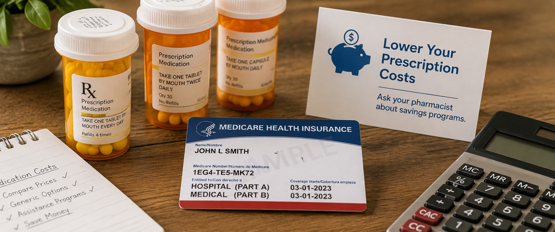 prescription bottles and Medicare card, drug savings conce