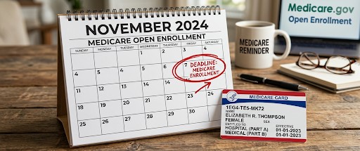 calendar and Medicare card, enrollment deadline concept