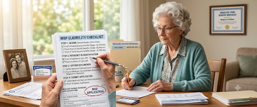 senior at desk with eligibility checklist, MSP application