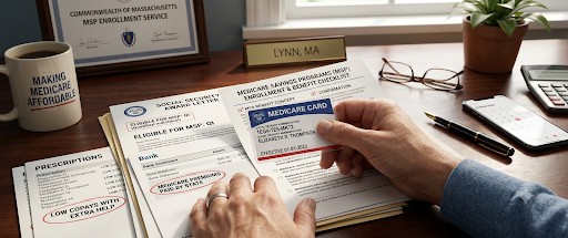 Medicare card and financial documents, MSP benefit concept