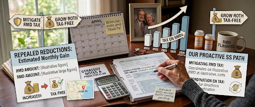 IRA statements and calculator on desk, RMD calculation con