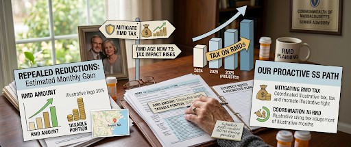 tax documents and rising graph, RMD tax impact concept