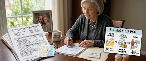 widow at desk reviewing financial documents, supportive ed