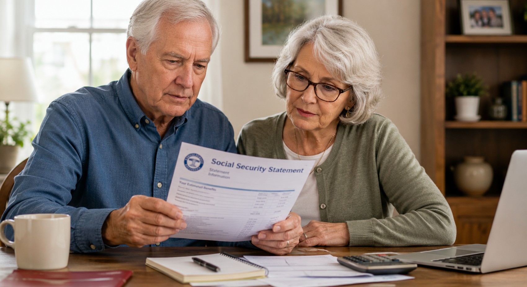 senior couple reviewing SS statement at desk, calm editorial