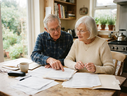 Senior couple at kitchen table reviewing documents, warm light