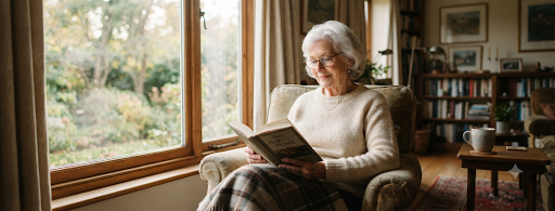 Senior woman at window reading, soft natural light